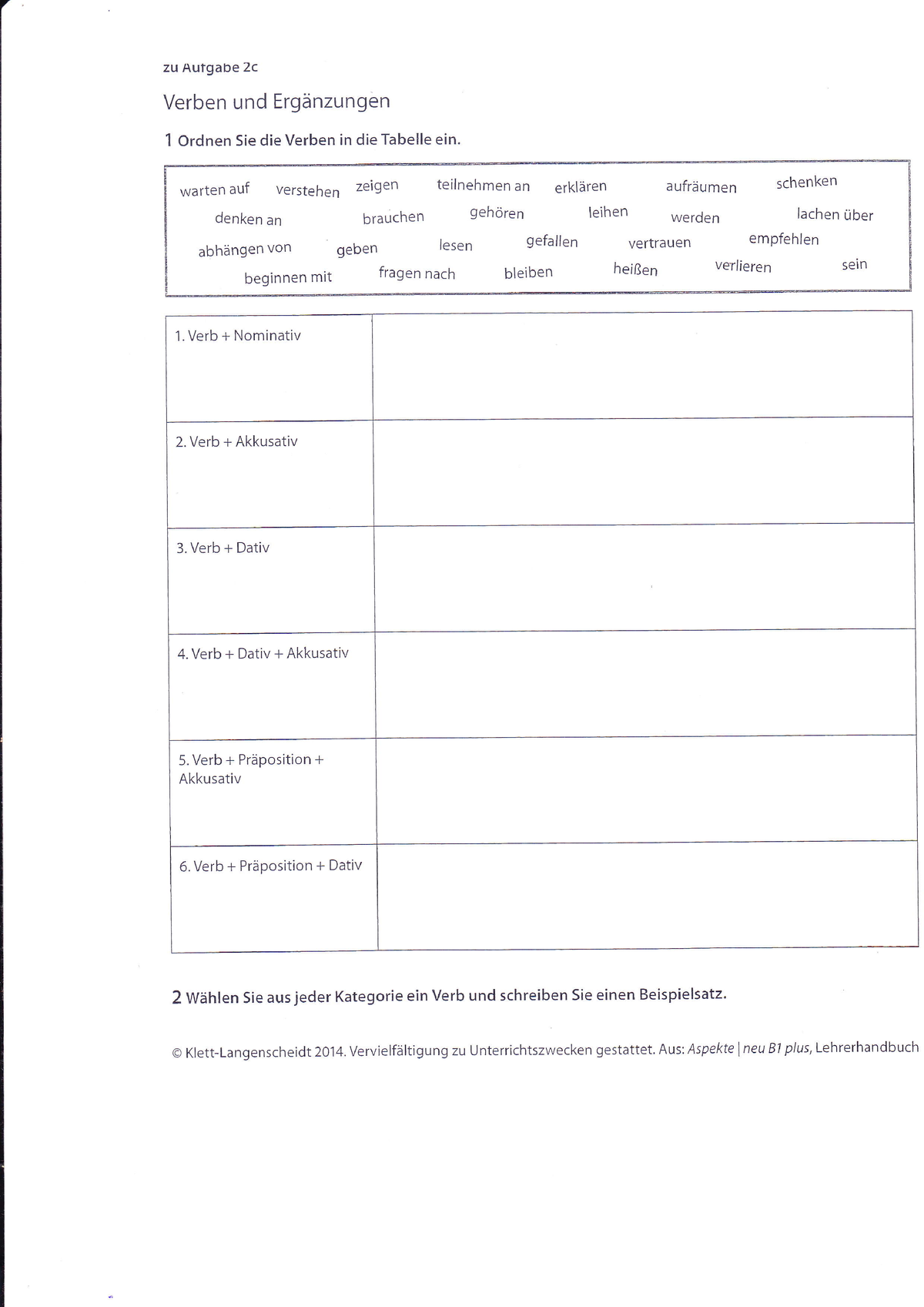 Verben Und Ergänzungen Aspekte B 1 - Zu Autgabe 2c Verben Und ...
