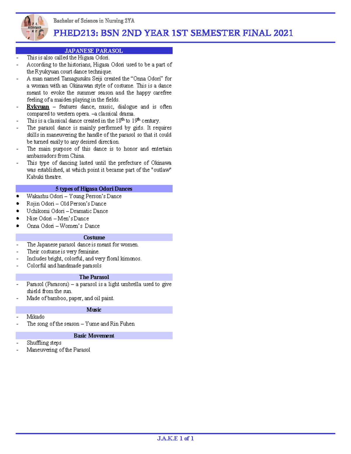 PHED213 Final - J.A.K 1 of 1 Bachelor of Science in Nursing 2 YA PHED ...