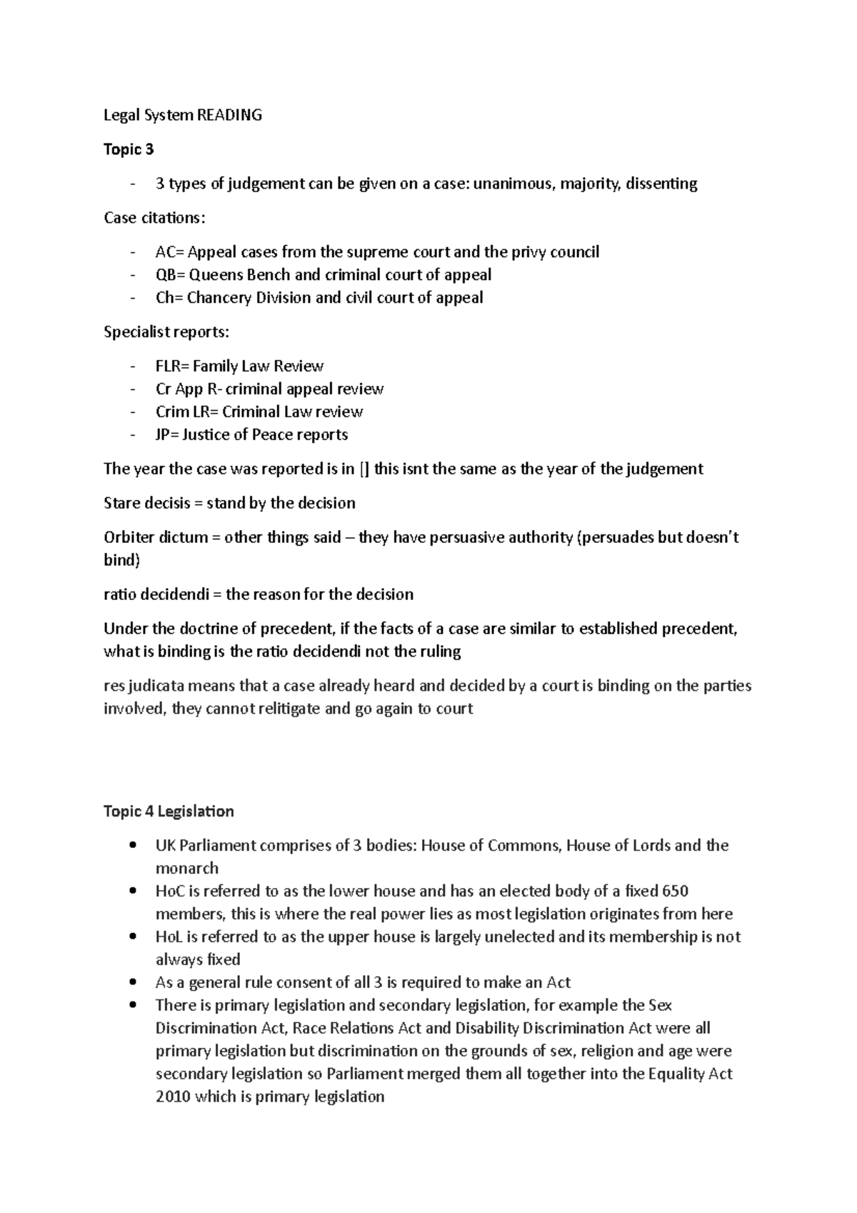 SQE1 Legal Systems Notes Legal System READING Topic 3 3 types of