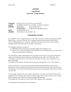Suggested Case Note Structure - LAW10026 Legal Writing - Assignment 1 ...