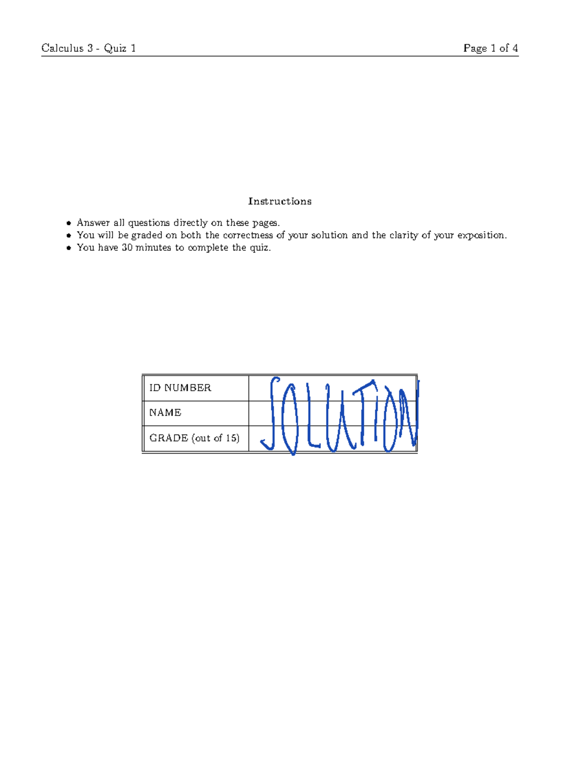 W22 LCU Quiz 1 Solutions - Calculus 3 - Quiz 1 Page 1 of 4 Instructions ...