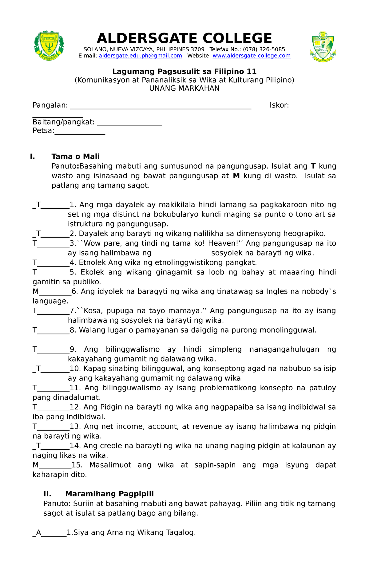 Filipino 11 Summative Test 1st Quarter - ALDERSGATE COLLEGE SOLANO ...