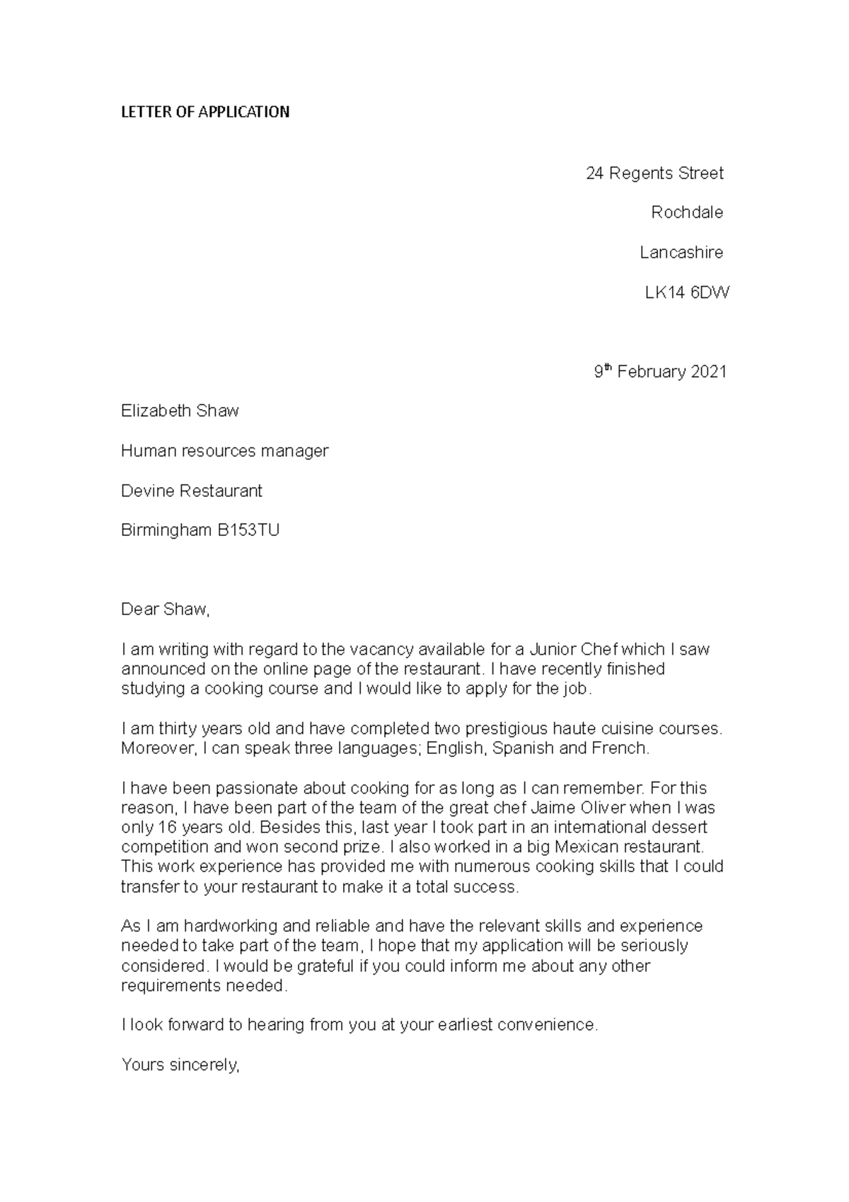 Letter of Application - LETTER OF APPLICATION 24 Regents Street ...