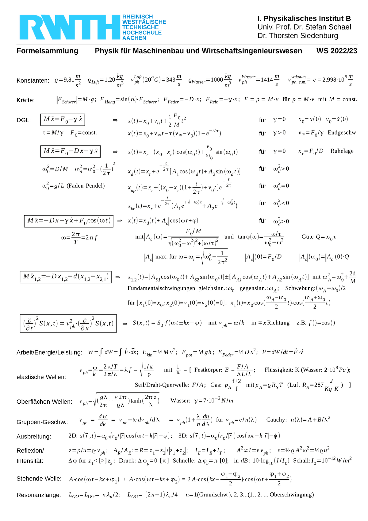 Formelsammlung WS22 - ####### I. Physikalisches Institut B ####### Univ ...