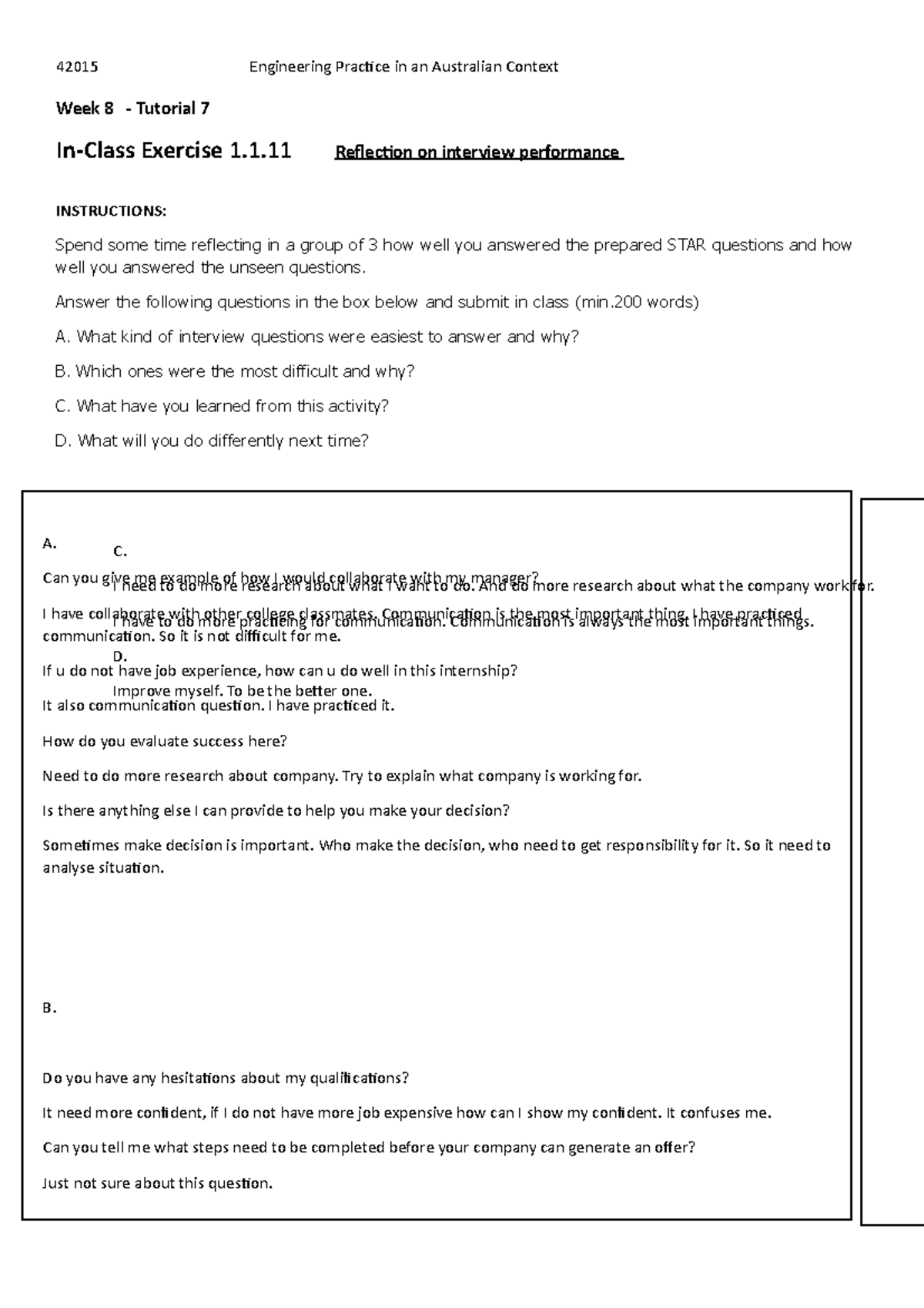 ICE 1.1.11- Reflection on Interview Performance - 42015 Engineering ...