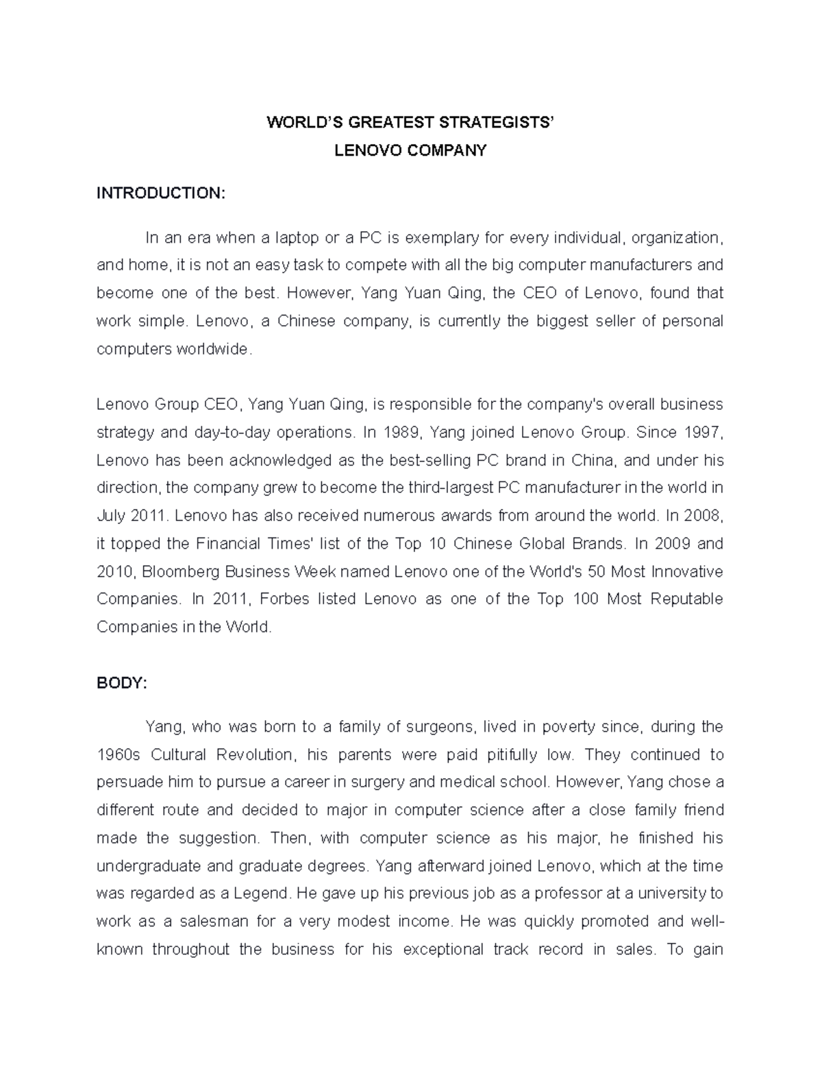 Worlds Greatest Strategists WORLD’S GREATEST STRATEGISTS’ LENOVO COMPANY INTRODUCTION In an