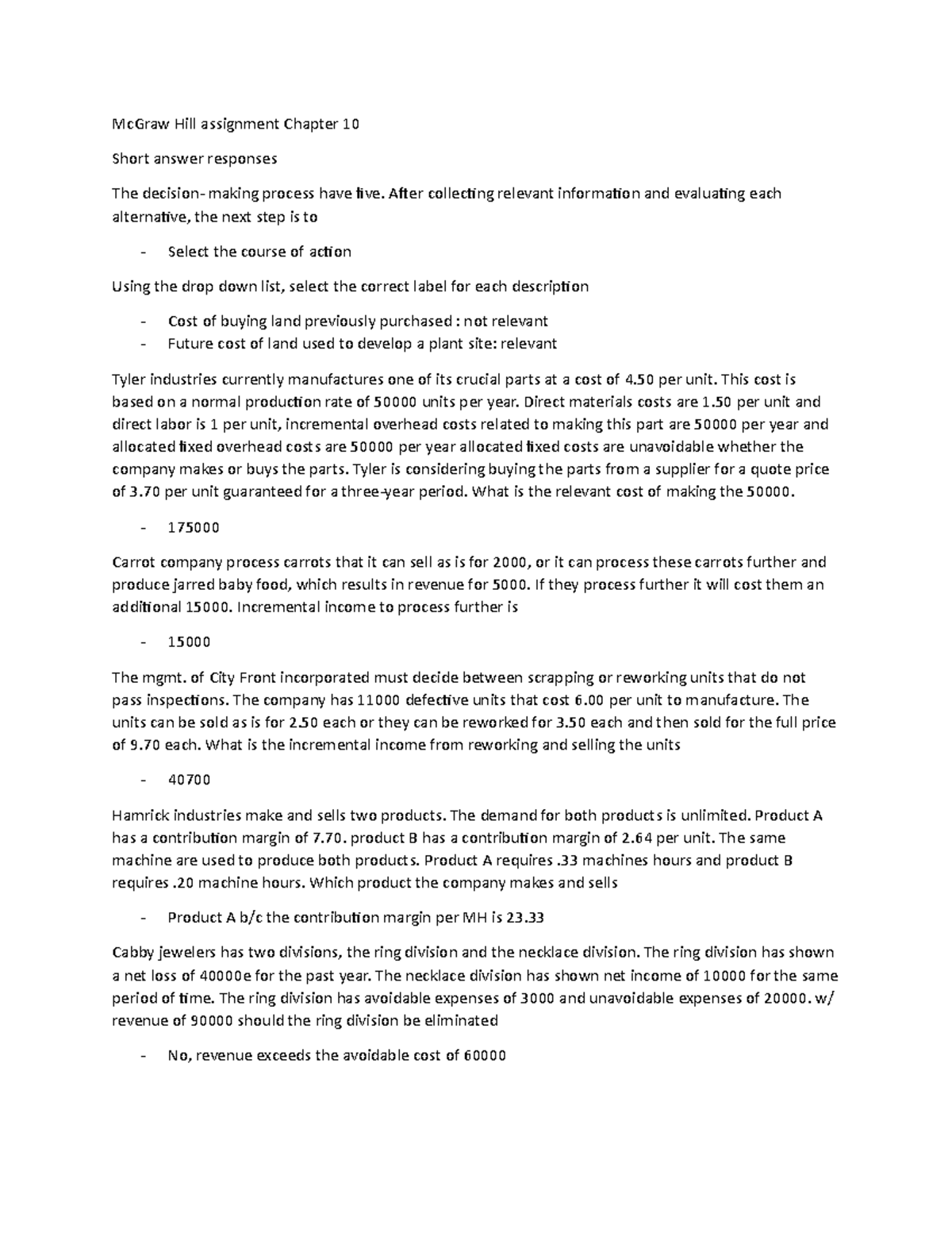 Mcgrawl hill accounting chapter 10 McGraw Hill assignment Chapter 10 Short answer responses