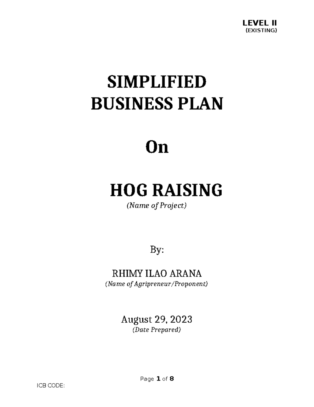 [ICB] Level II - Business Plan Format NEW arana - LEVEL II (EXISTING ...