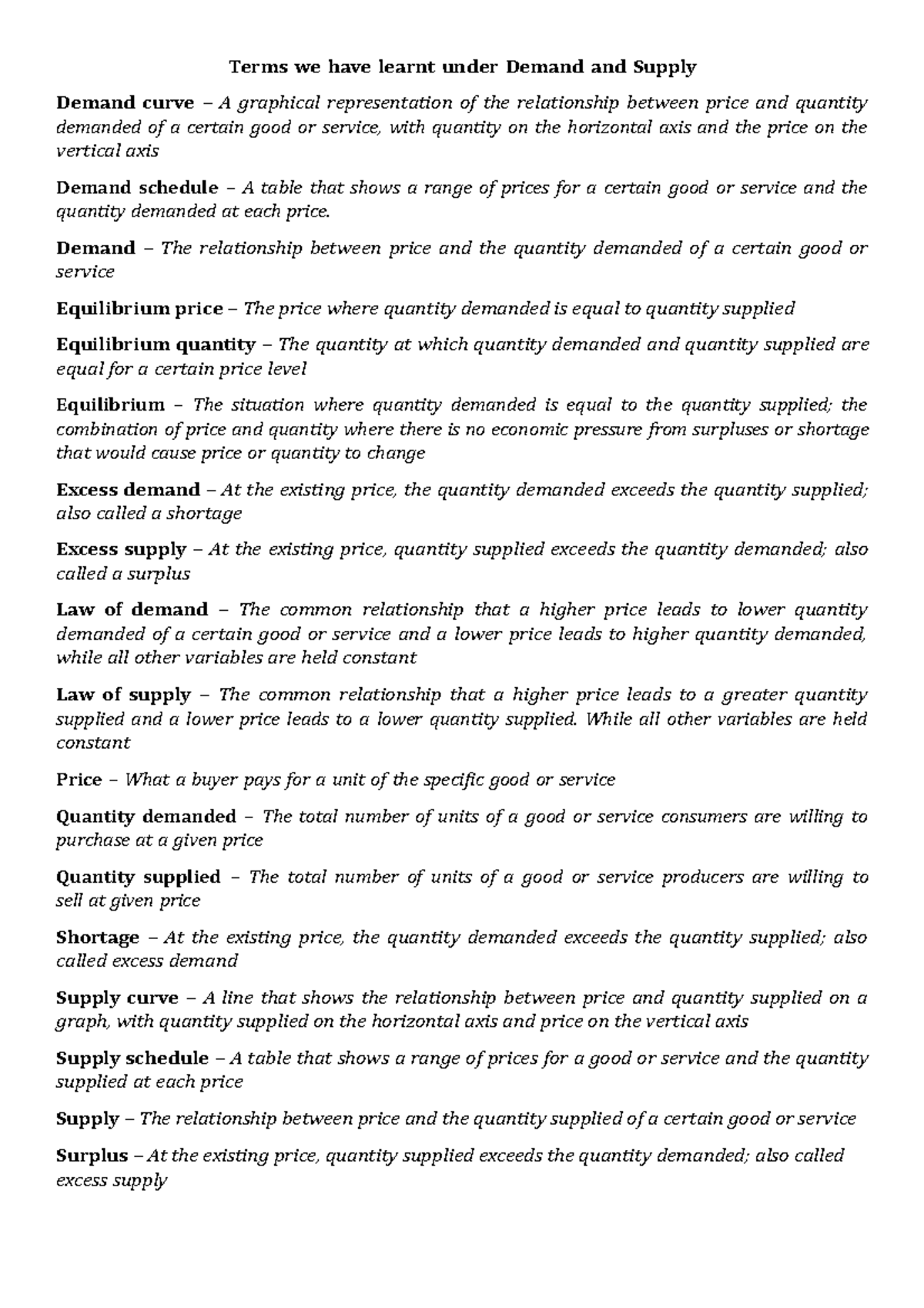 Econ Dev(Lesson 17) Lesson 17 Terms we have learnt under Demand