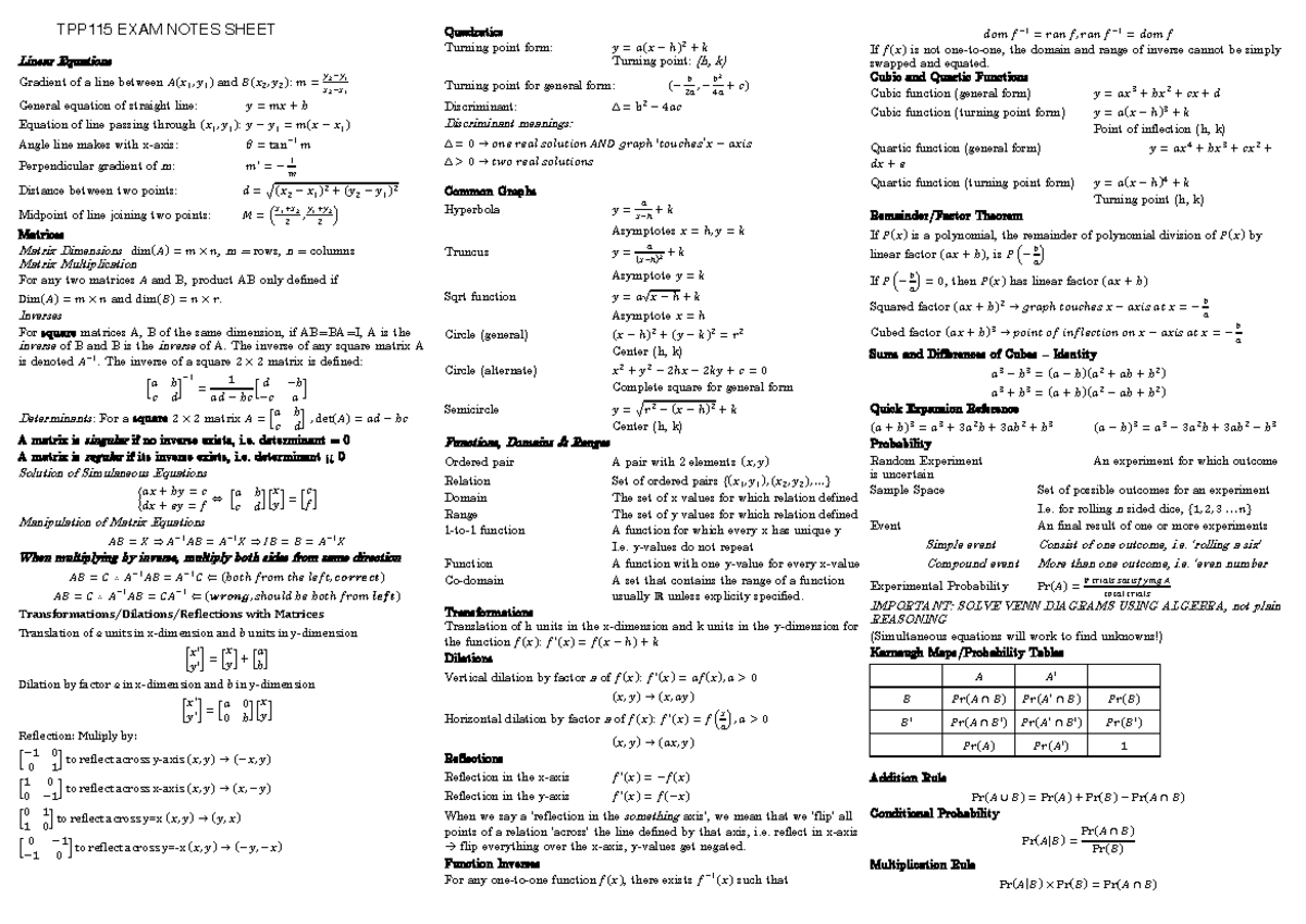 TPP115 EXAM Notes Cheat Sheet - MATH METHODS UNITS 1 &2 EXAM NOTES ...