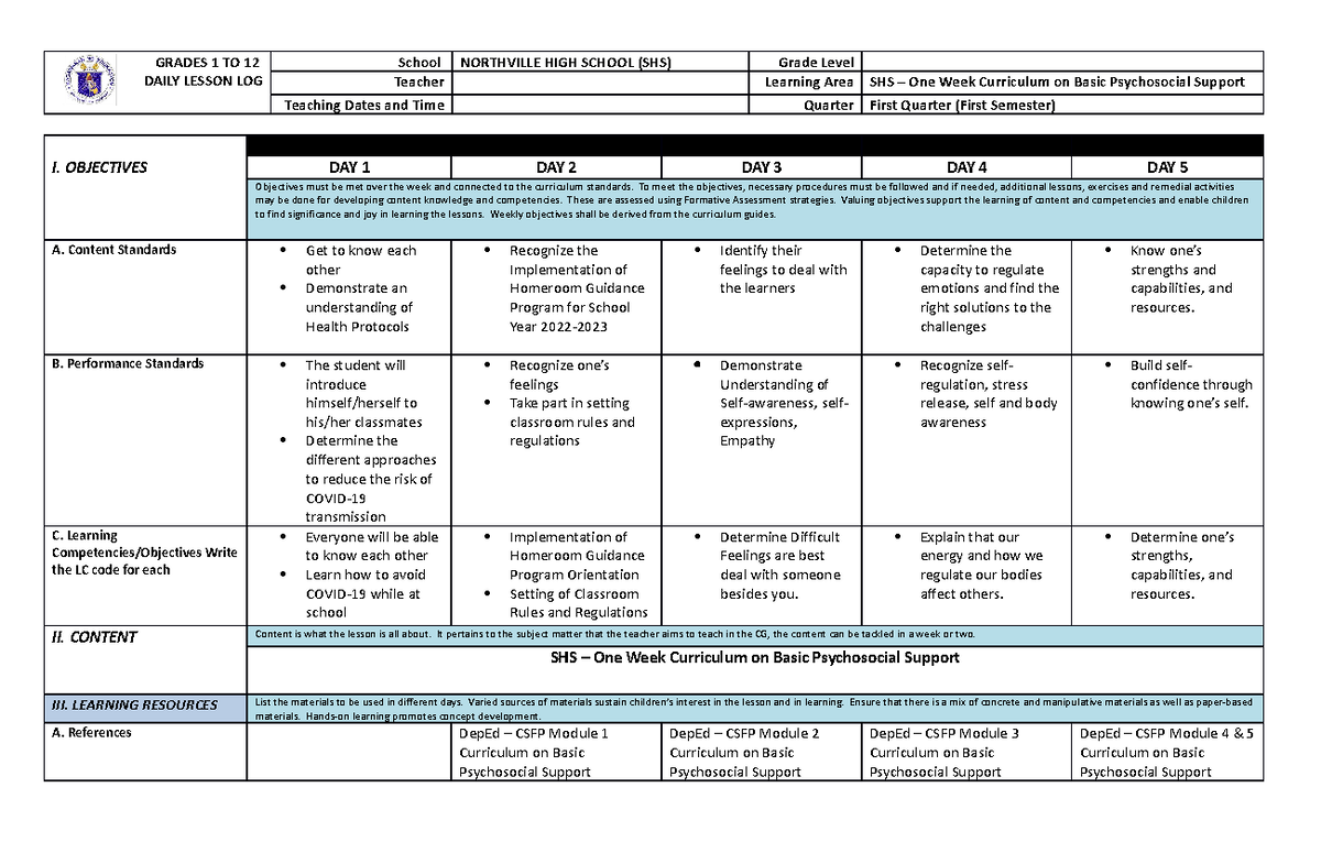 DLL Basic Psychosoical Support - GRADES 1 TO 12 DAILY LESSON LOG School ...