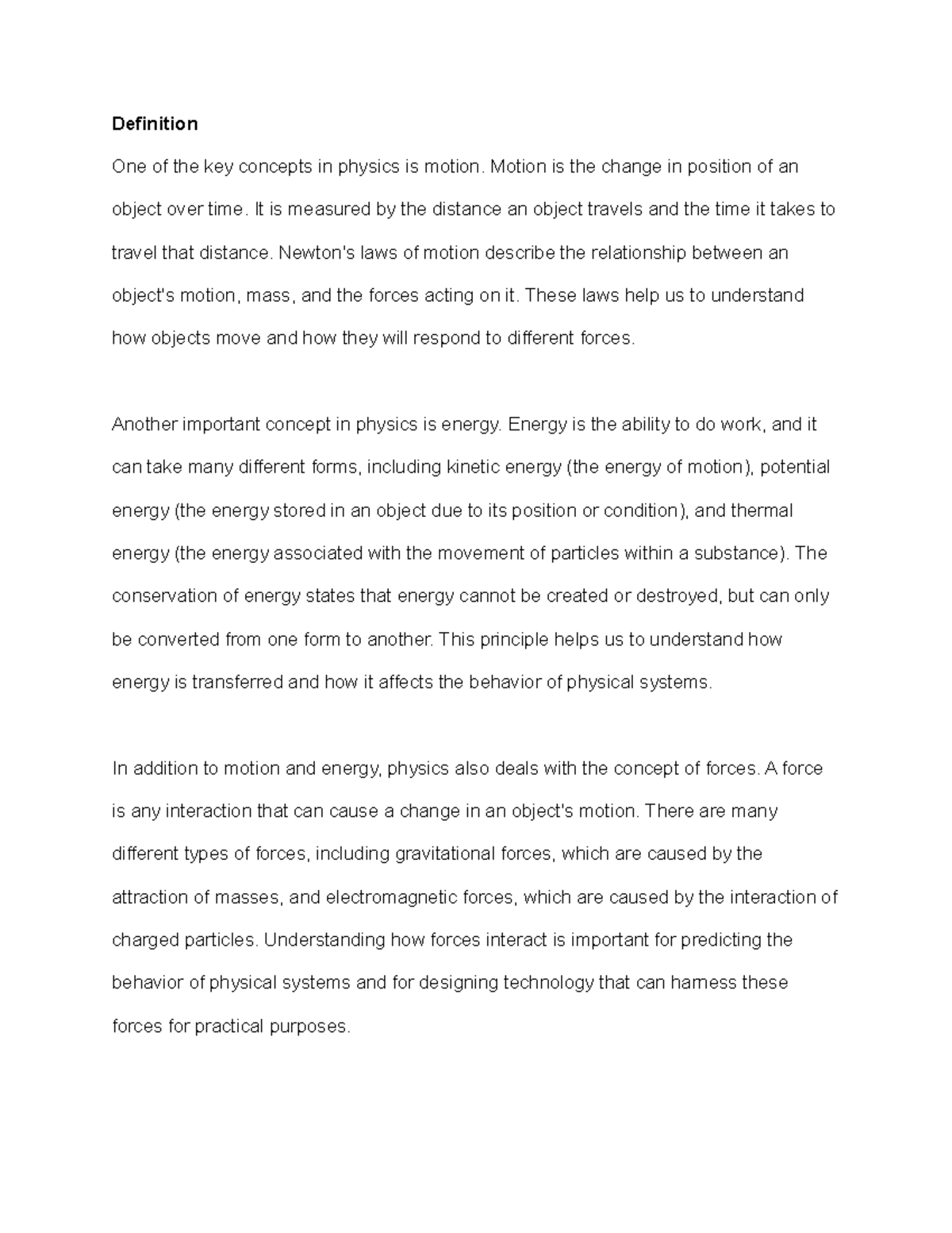 Physics course outline intro and motion - Definition One of the key ...
