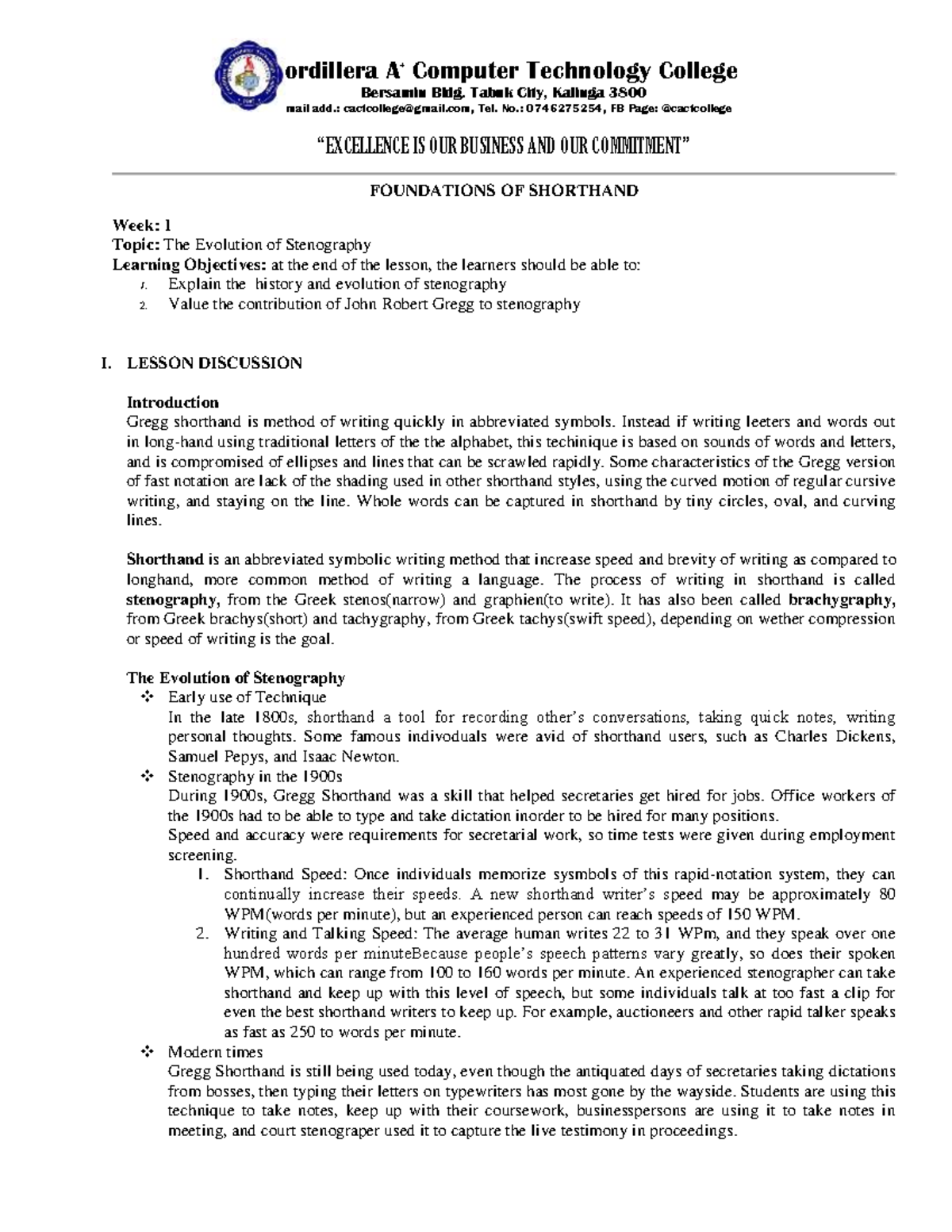 Shorthand Writing Lesson 1 - Cordillera A+ Computer Technology College 