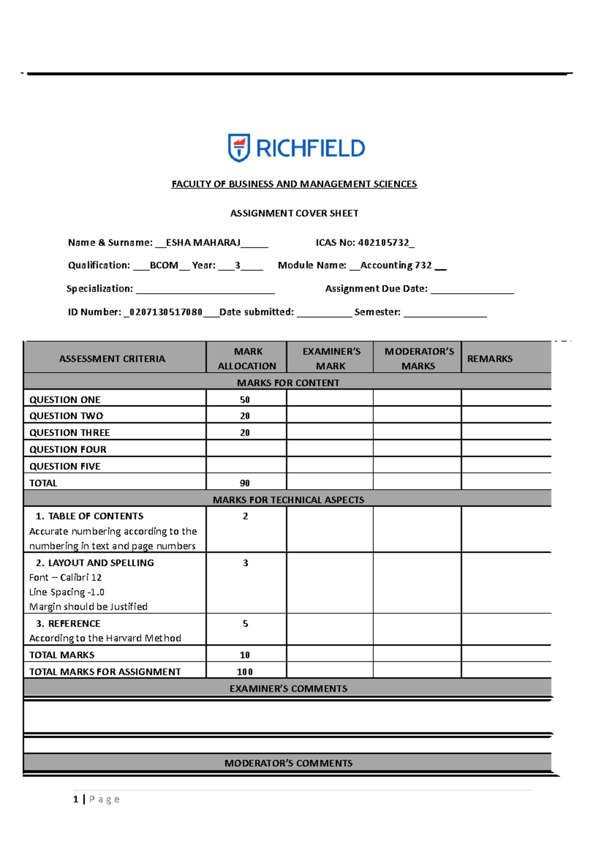 Accounting 732 A1 402105732 - FACULTY OF BUSINESS AND MANAGEMENT ...