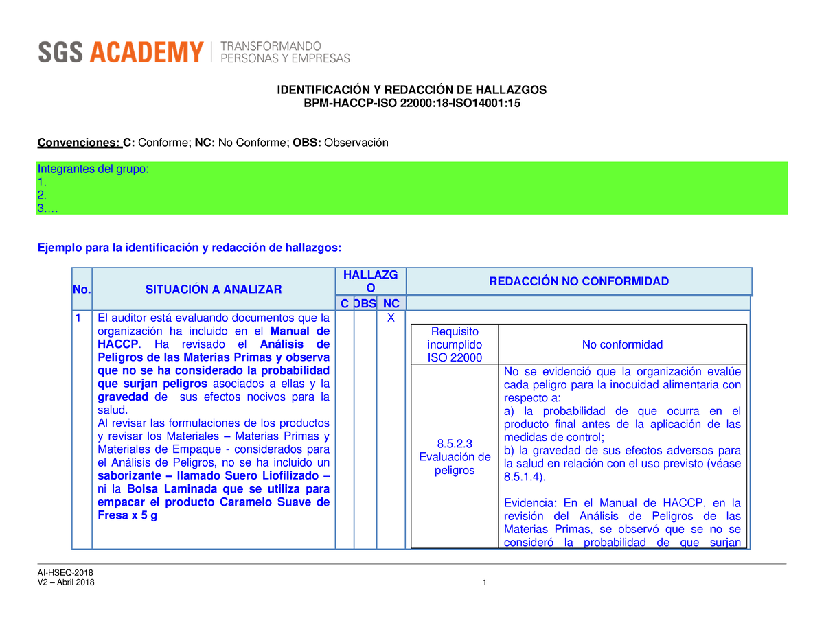 Ejemplo Identificaci N Redacci N Hallazgos Bpm Haccp Iso