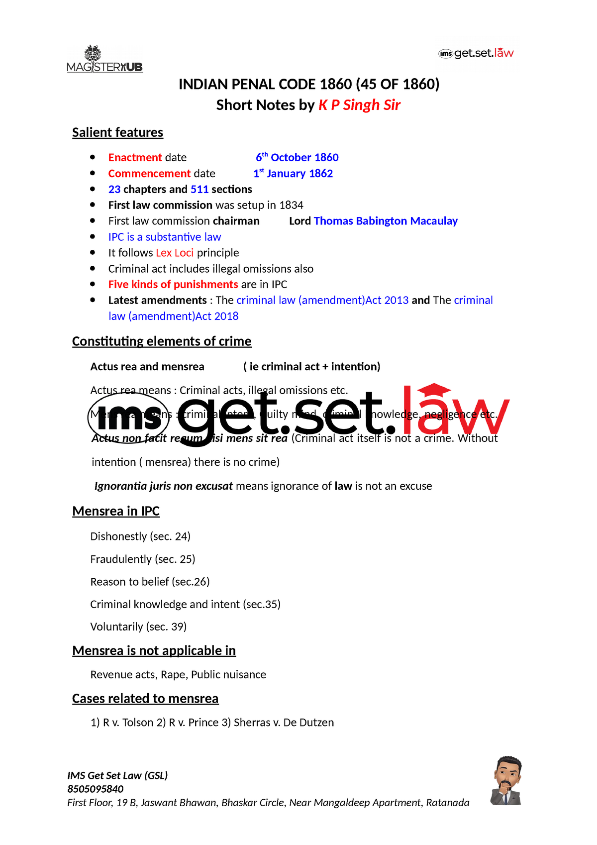 Indian Penal Code 1860 Short Notes By K P Singh Sir Ims Get Set Law