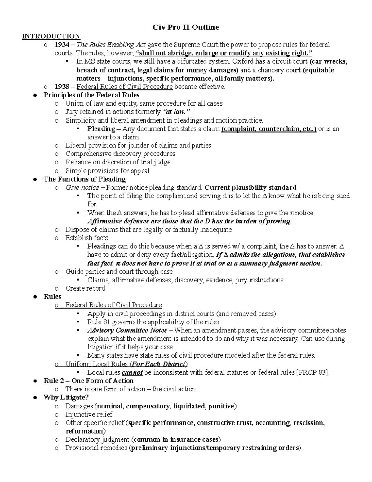 Civ Pro II Outline - Civil Procedure - Civ Pro II Outline INTRODUCTION ...