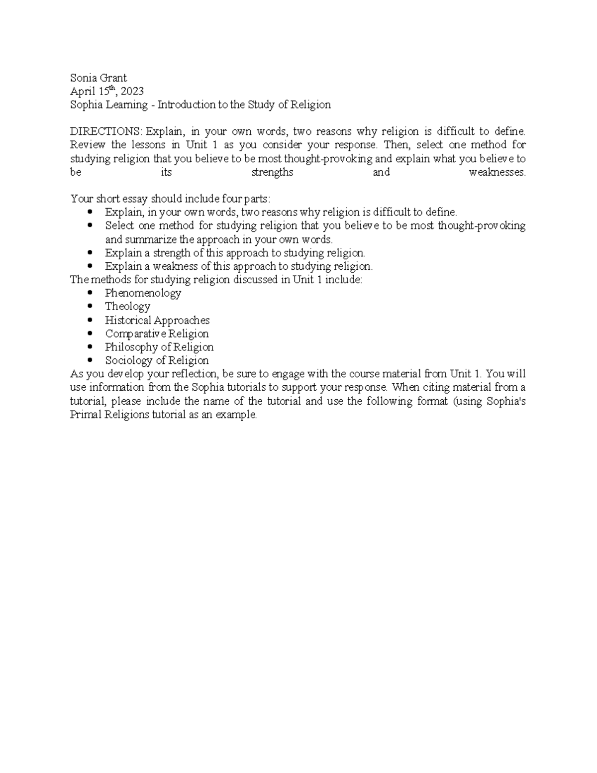 Touchstone 1 Introduction to Religion - Sonia Grant April 15th, 2023 ...