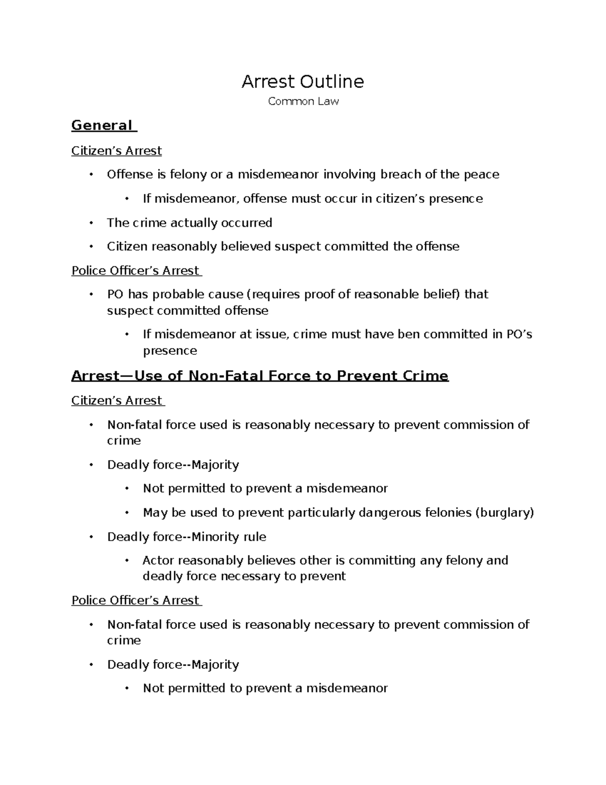 Arrest Outline - Arrest Outline Common Law General Citizen’s Arrest ...