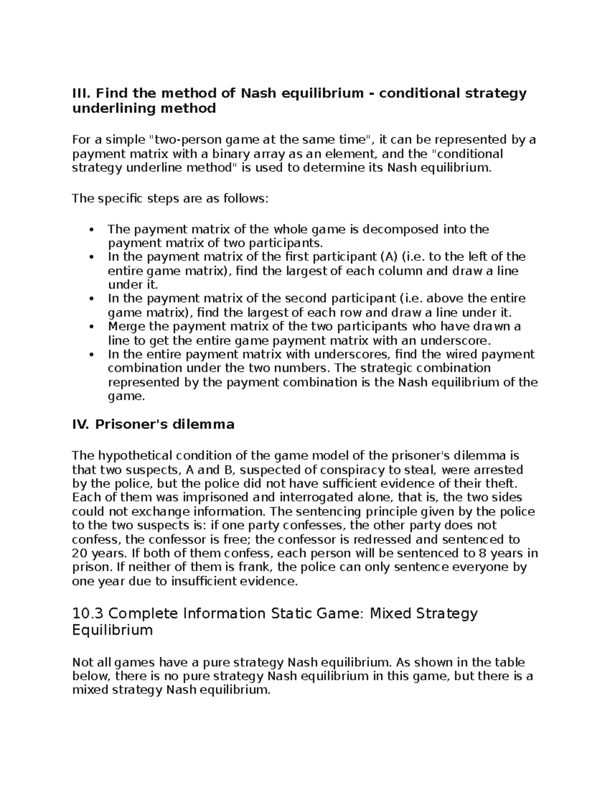 Chapter 10 continued - notes - III. Find the method of Nash equilibrium ...