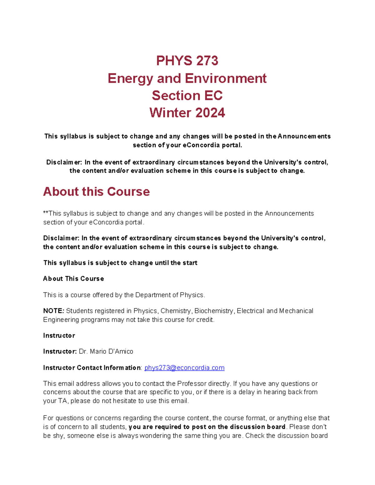 PHYS 273 - Energy and Environment Winter 2024 Course Outline and Agenda ...