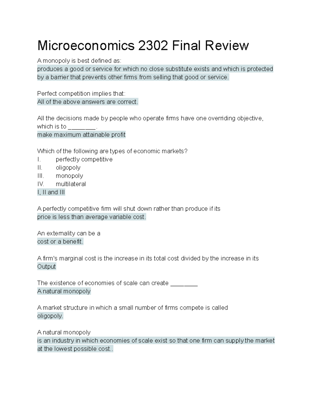 Part 1 - Final Review - Microeconomics 2302 Final Review A Monopoly Is ...