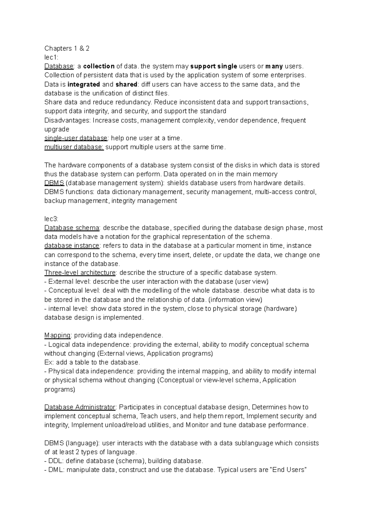 Cp363 note - using sql - Chapters 1 & 2 lec1: Database: a collection of ...