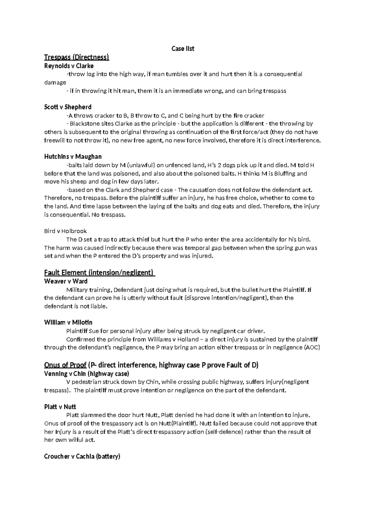 Tort midterm Note - Summary Torts - Case list Trespass (Directness ...