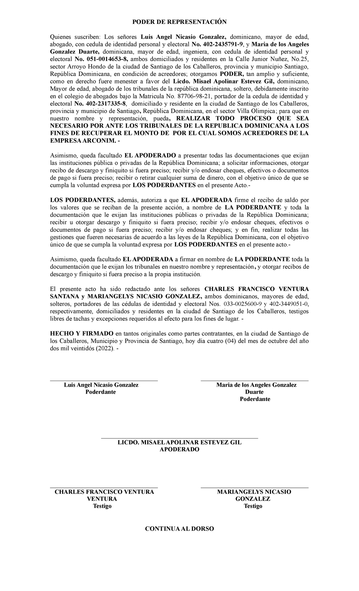 Poder De Representacion Legal Poder De RepresentaciÓn Quienes Suscriben Los Señores Luis 7973