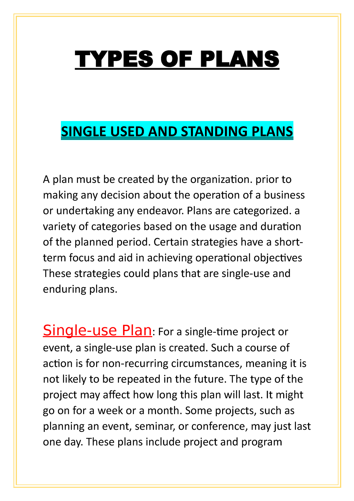 case study on types of plans