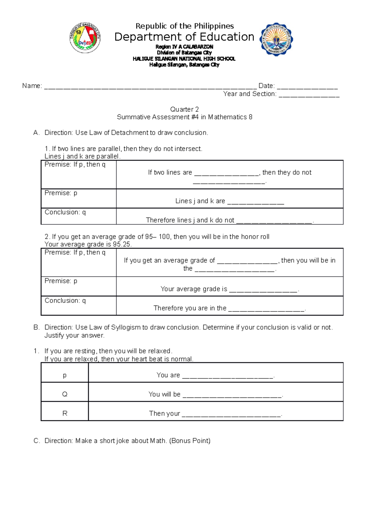 Summative Assessment 4 - Republic Of The Philippines Department Of ...