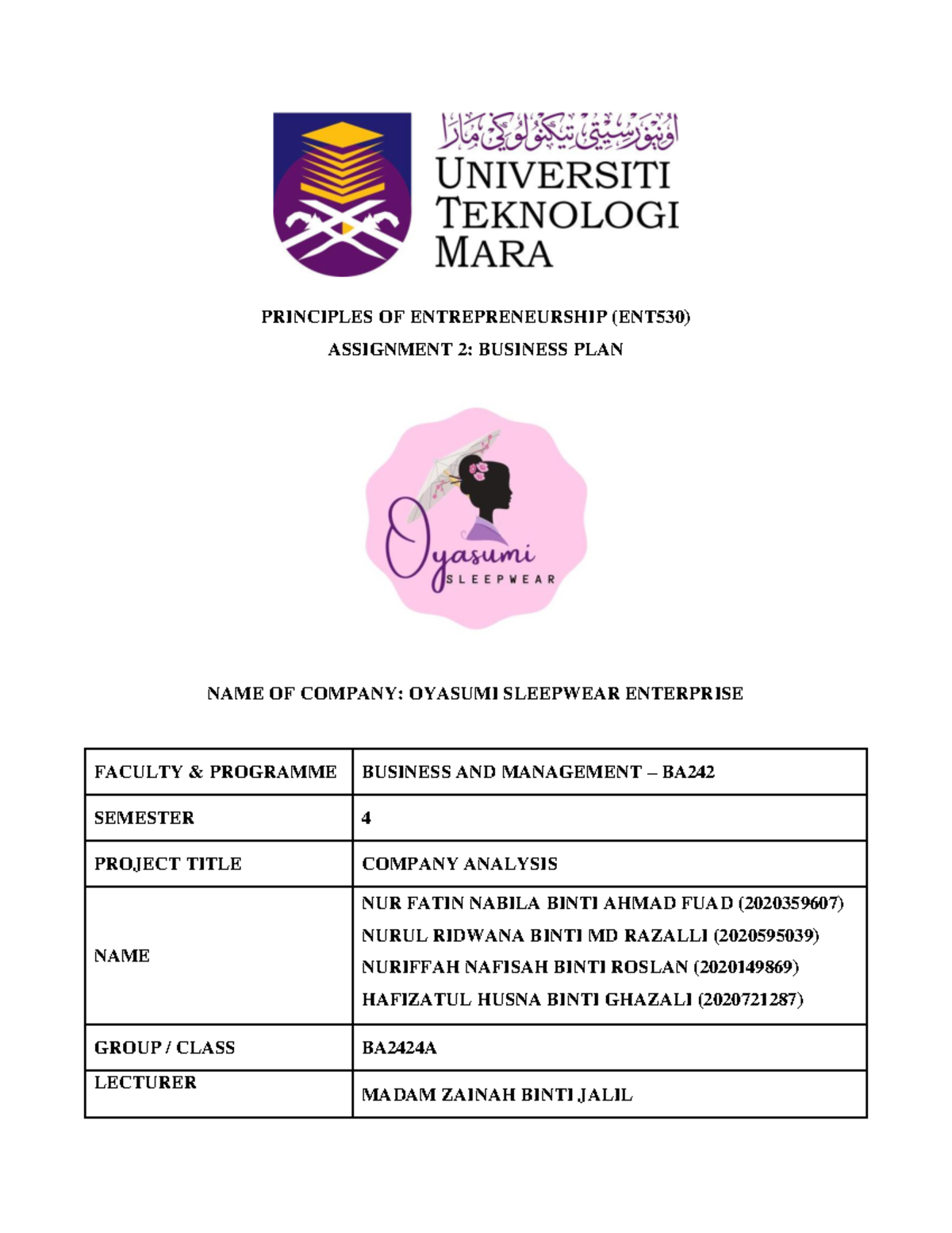Group Assignment Business Plan Group 2 Ba2424a Principles Of Entrepreneurship Ent530 Studocu Group Assignment Business Plan Group 2 Ba2424a Principles Of Entrepreneurship Ent530 Studocu