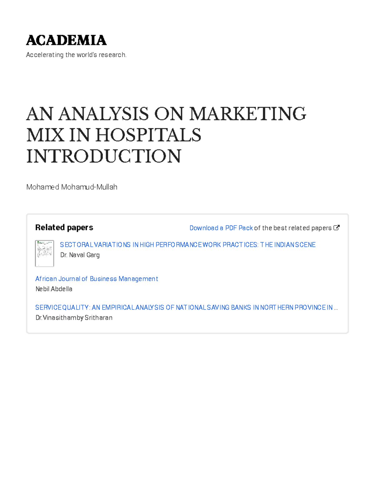 Marketing In Hospitals - Accelerat Ing T He World's Research. AN ...