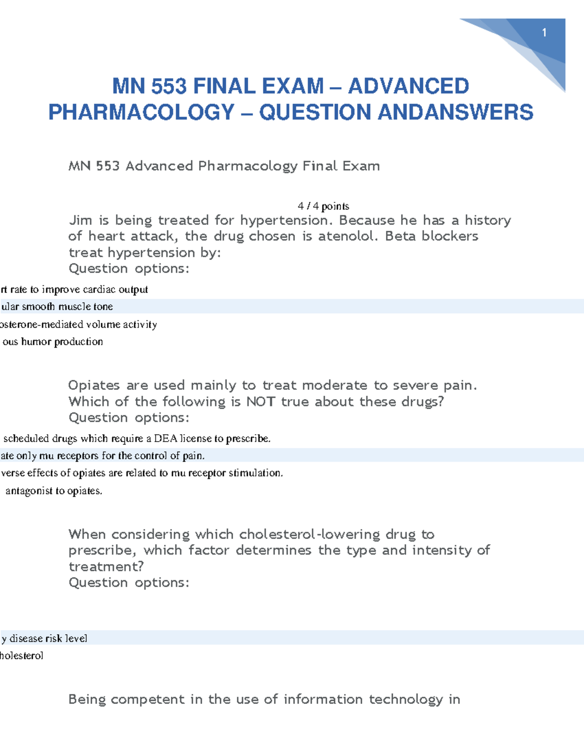 MN 553 Final EXAM – Advanced Pharmacology – Question AND Answers - MN ...