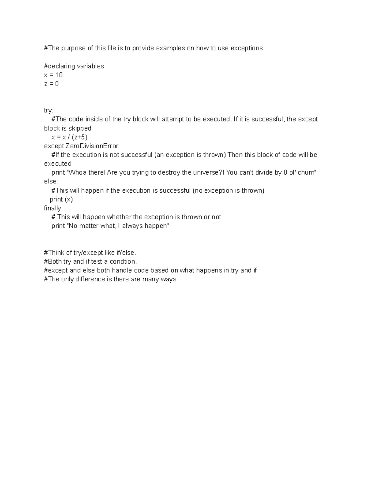 Ryan exceptions The purpose of this file is to provide examples on