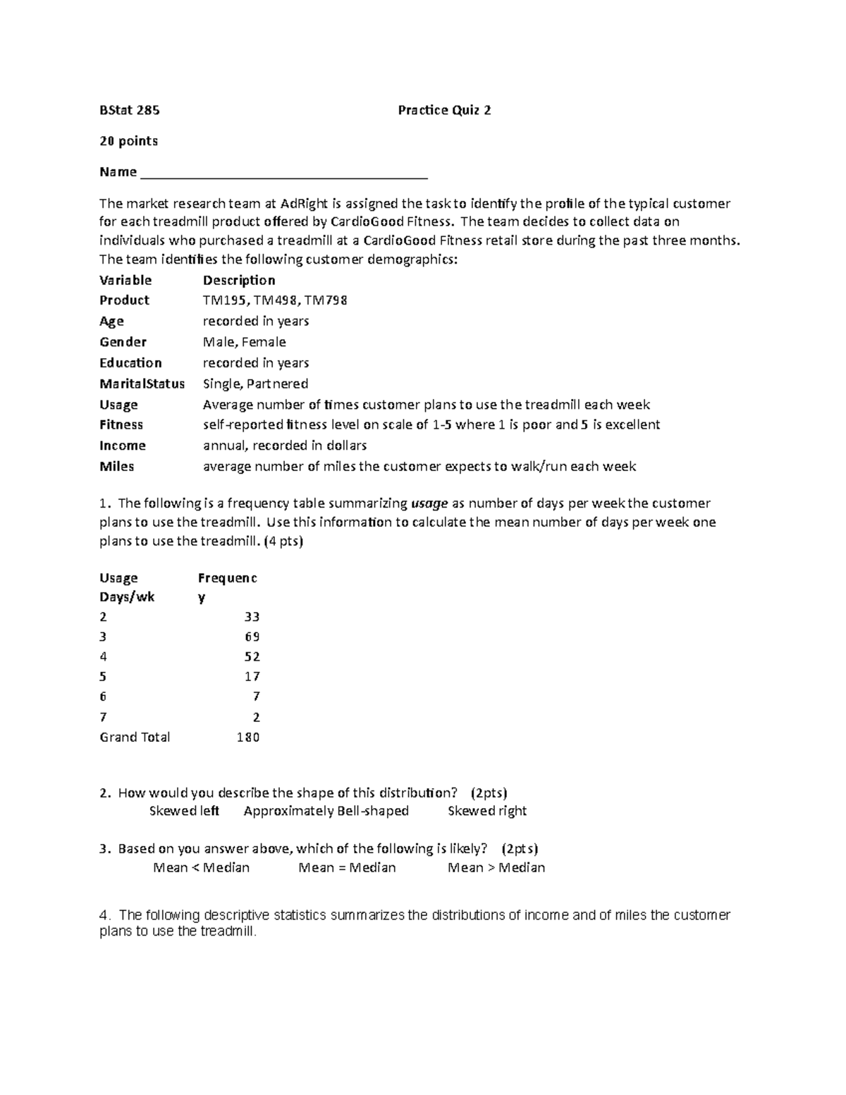 Practice Quiz 2 stats BStat 285 Practice Quiz 2 20 points Name Studocu
