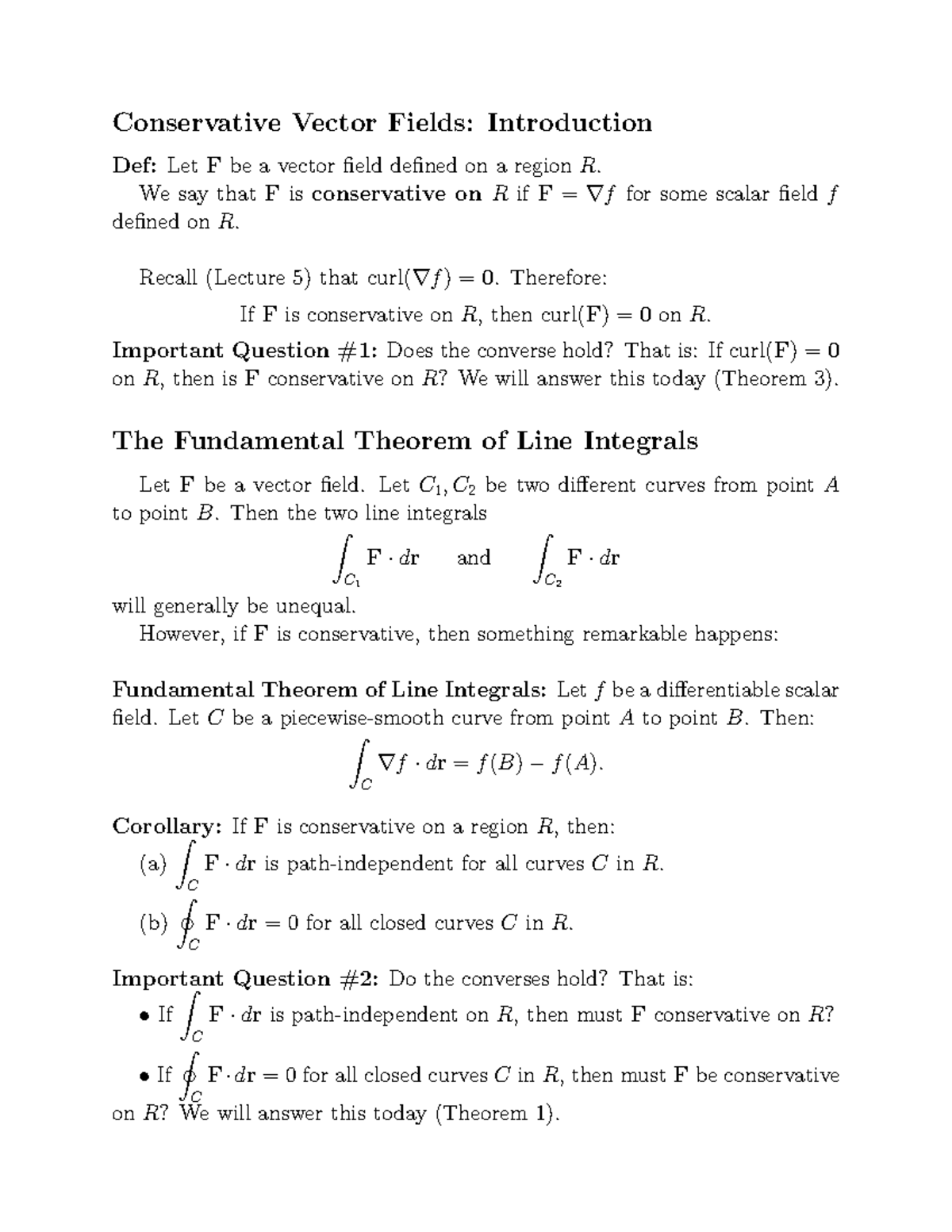 Lecture 7 - Conservative Vector Fields: Introduction Def: Let Fbe a ...