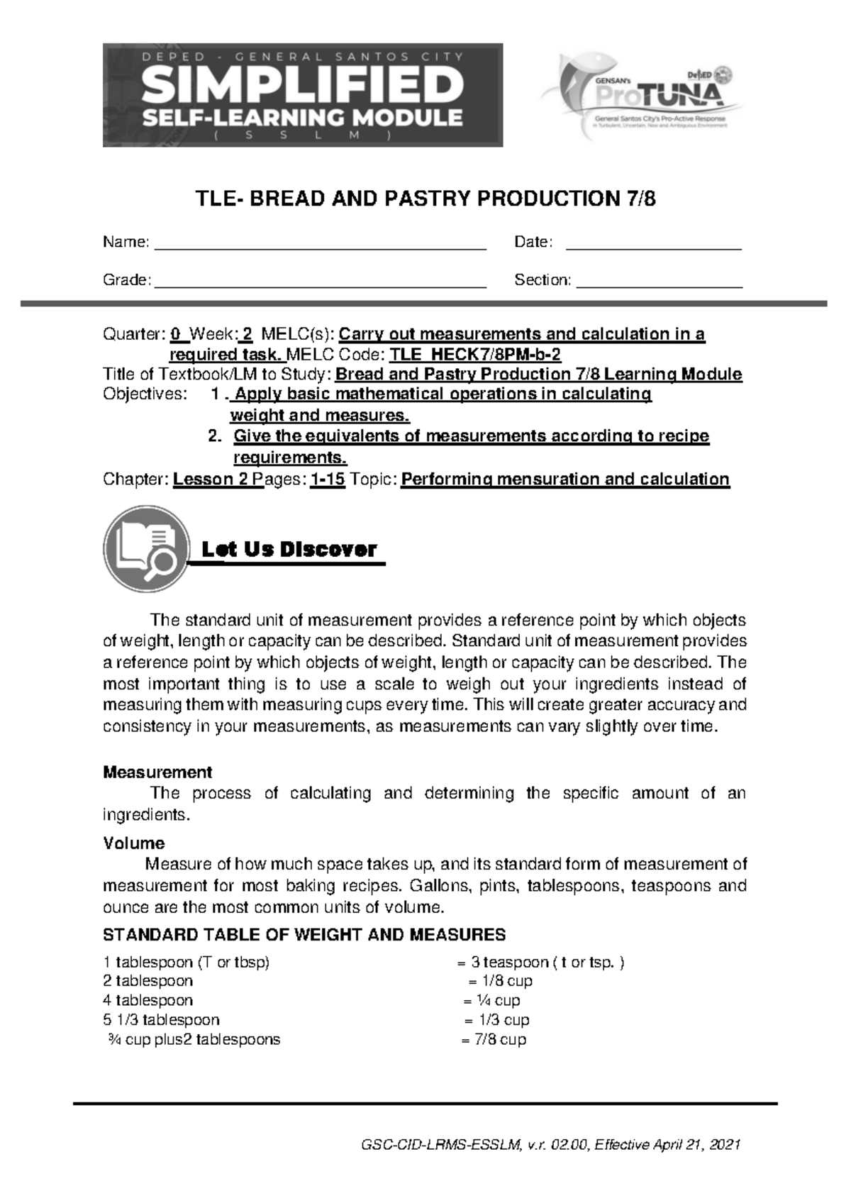 SSLM TLE BPP 7 8 WEEK 2 bread and pastry production exploratory