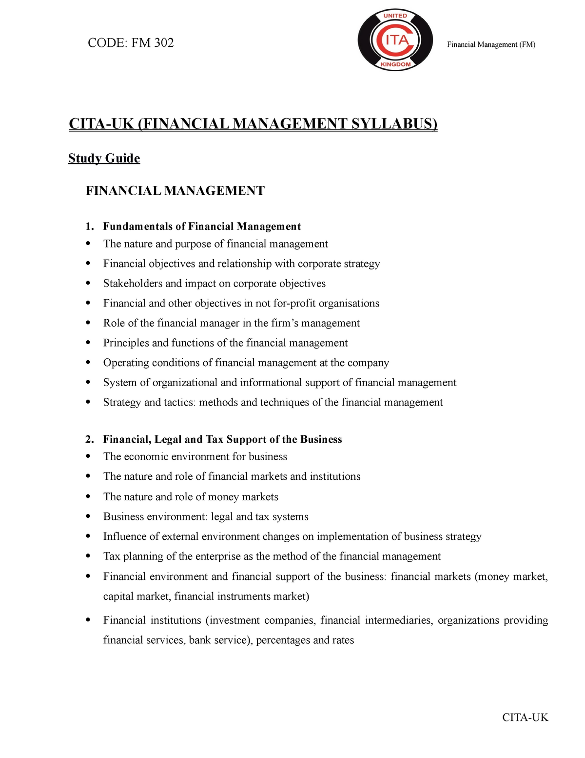 Financial Management-syllabus - CITA-UK (FINANCIAL MANAGEMENT SYLLABUS ...