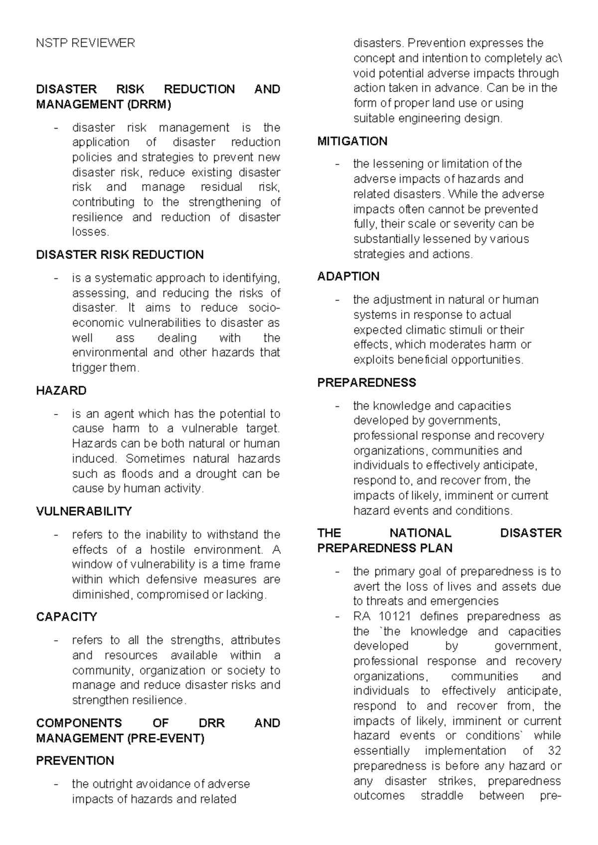NSTP- Reviewer - NSTP REVIEWER DISASTER RISK REDUCTION AND MANAGEMENT ...