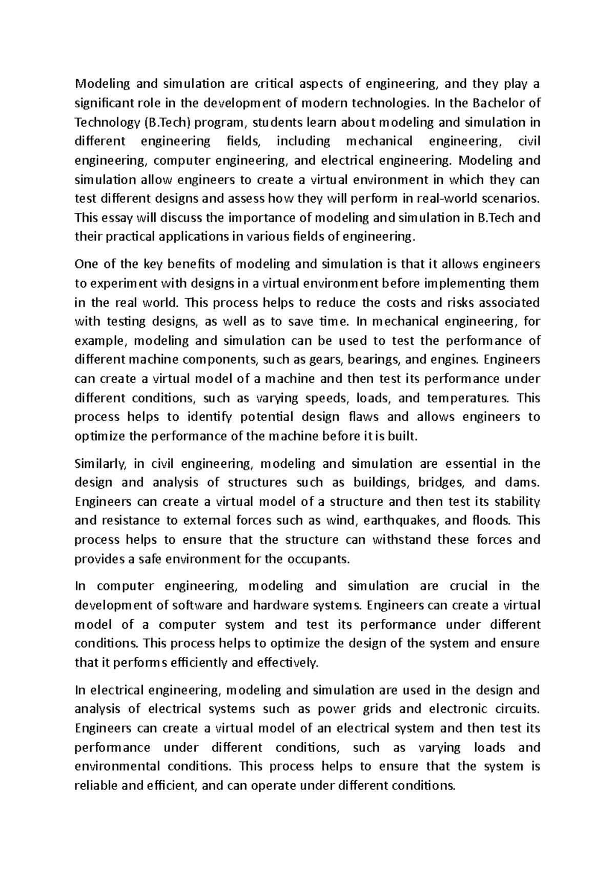 Modeling And Simulation In The Bachelor Of Technology B Program