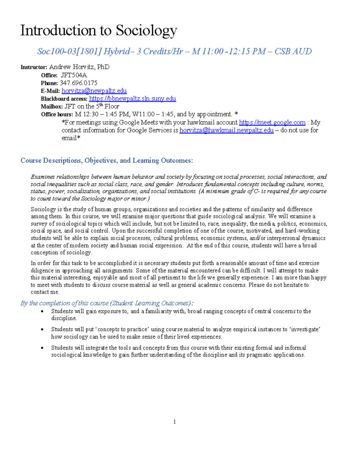 Soc 100 Syllabus Spring 20 Horvitz - Introduction to Sociology Soc100 ...