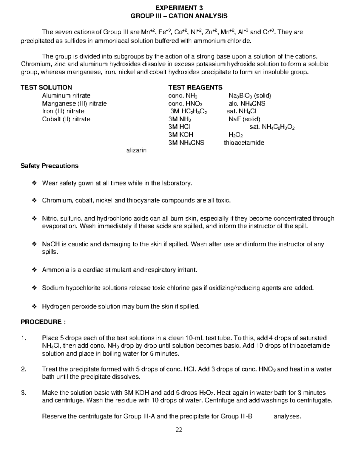 Expt 3 Group III Cation Analysis - Analytical Chemistry - Studocu