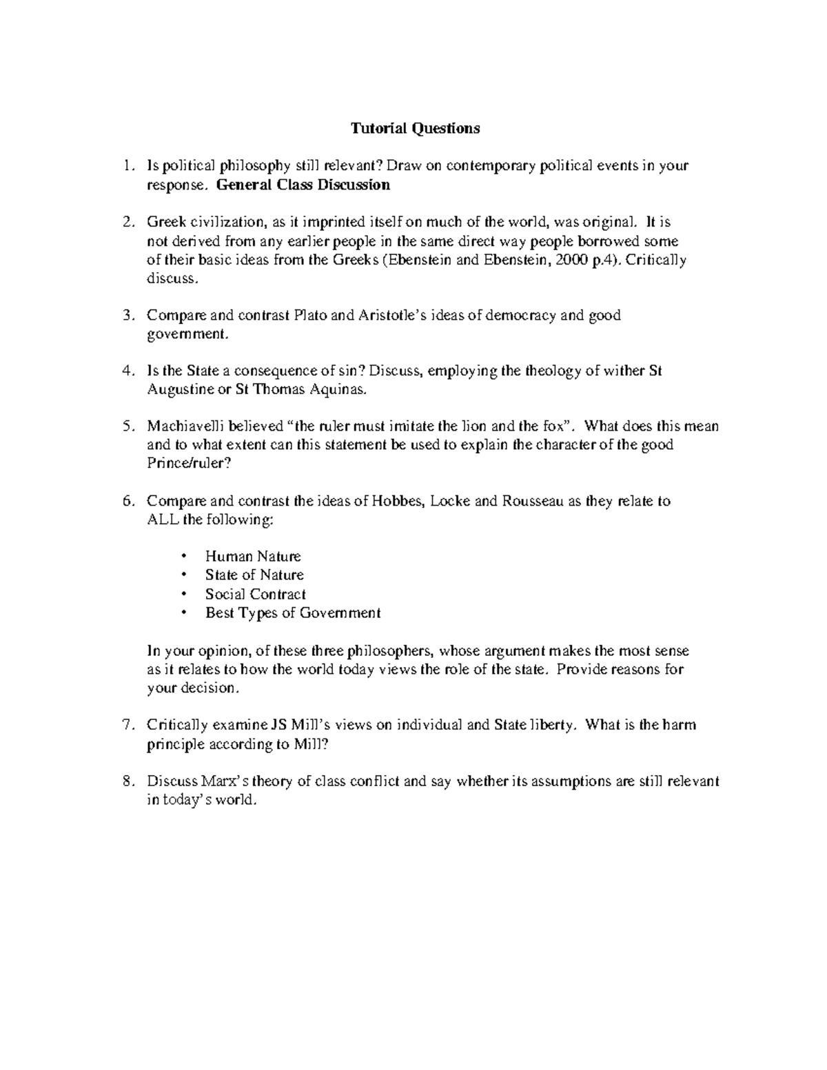 Tutorial Questions - Tutorial Questions Is political philosophy still ...