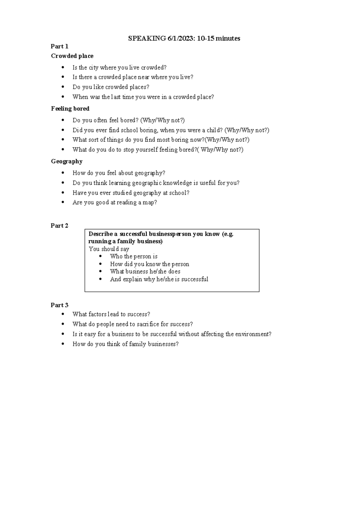 Speaking TEST 16 - English - SPEAKING 6/1/2023: 10-15 minutes Part 1 ...