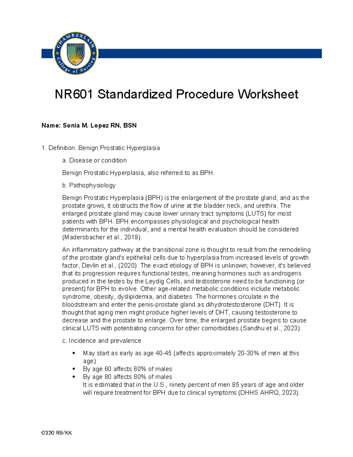 Wk 5 Standarlized worksheet bph - NR601 Standardized Procedure ...