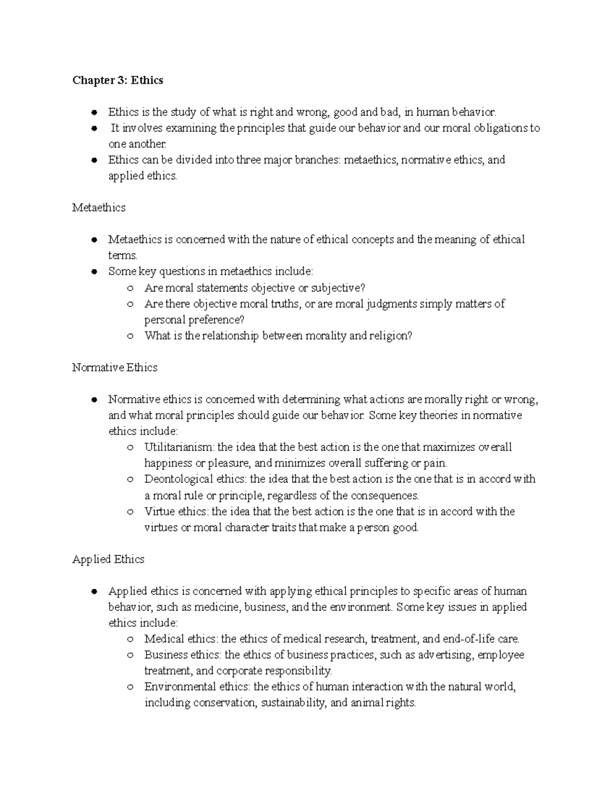 PHIL 100 Ch 3 - PHIL 100 Notes for Chapter 3 - Chapter 3: Ethics Ethics ...