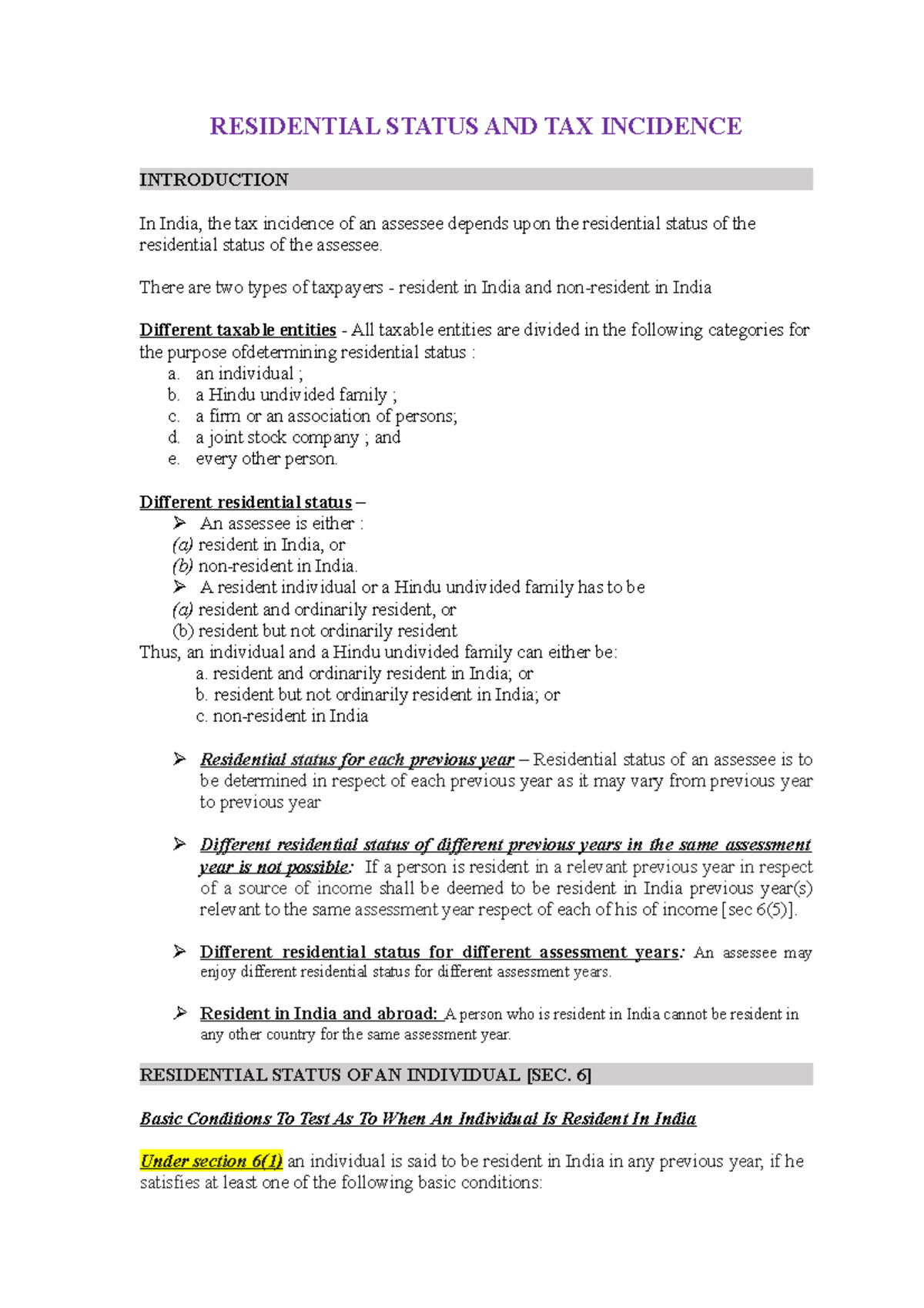 Residential Status AND TAX Incidence RESIDENTIAL STATUS AND TAX