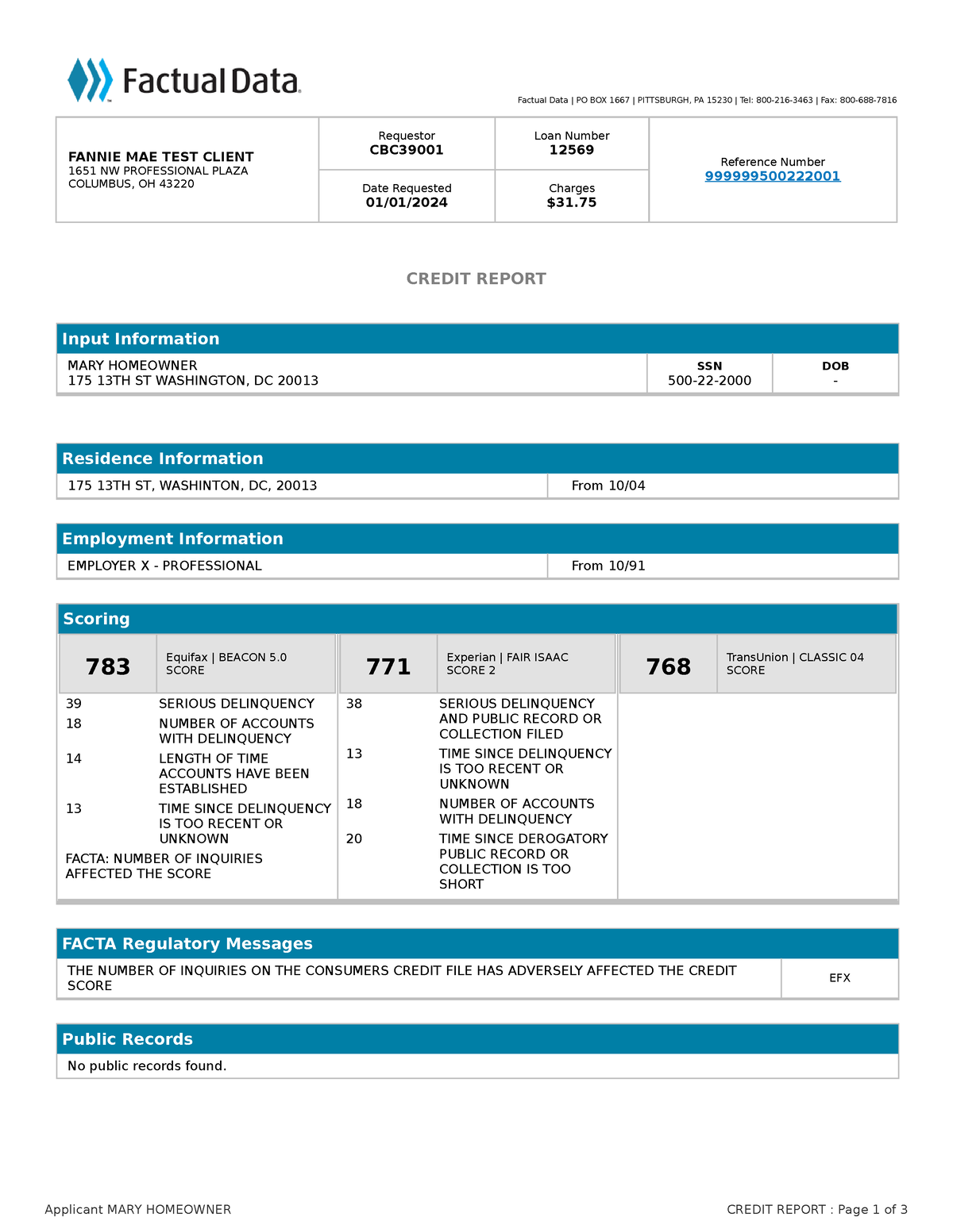 Credit Test report - CREDIT REPORT Factual Data | PO BOX 1667