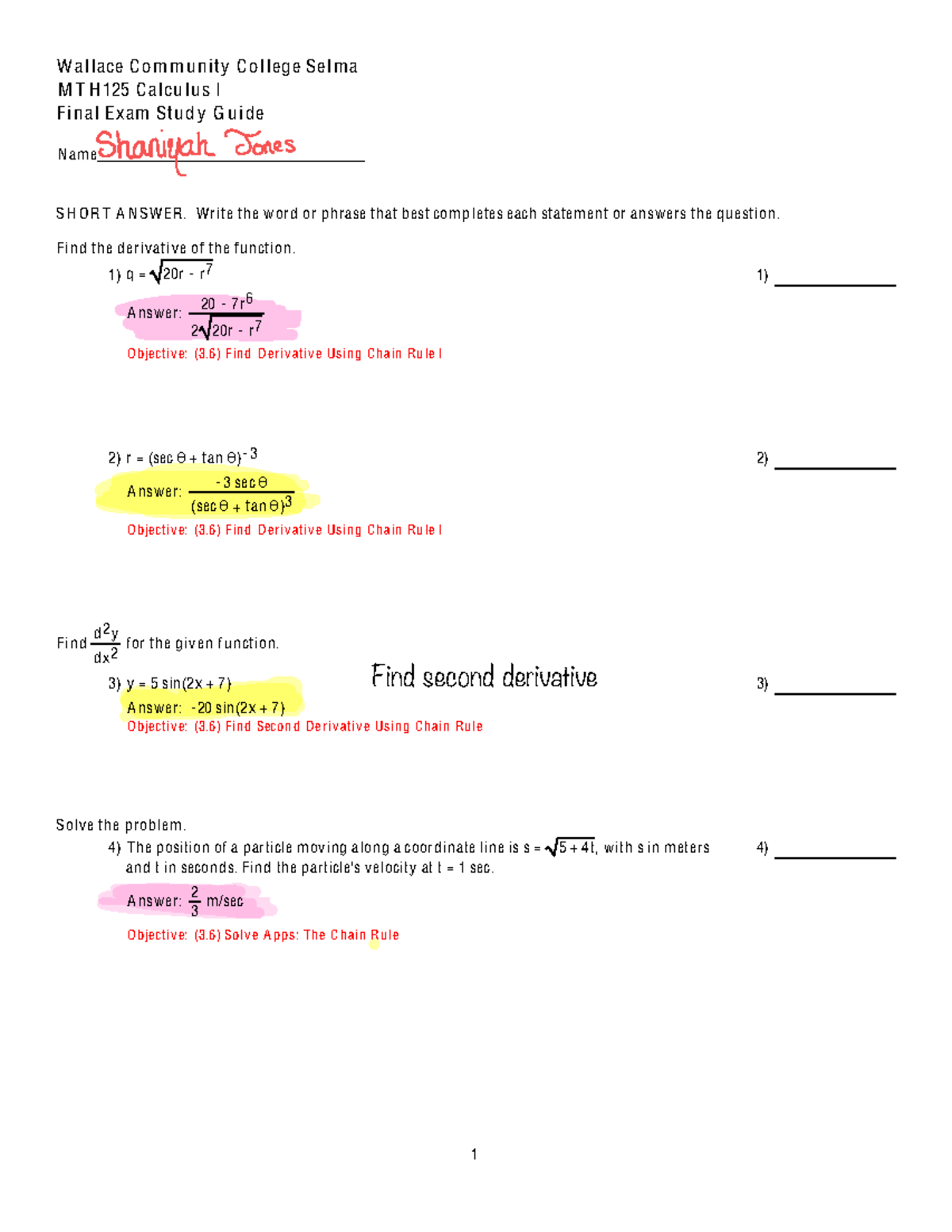 Wallace Community College Selma MTH 125 Calculus I Final Exam Study ...